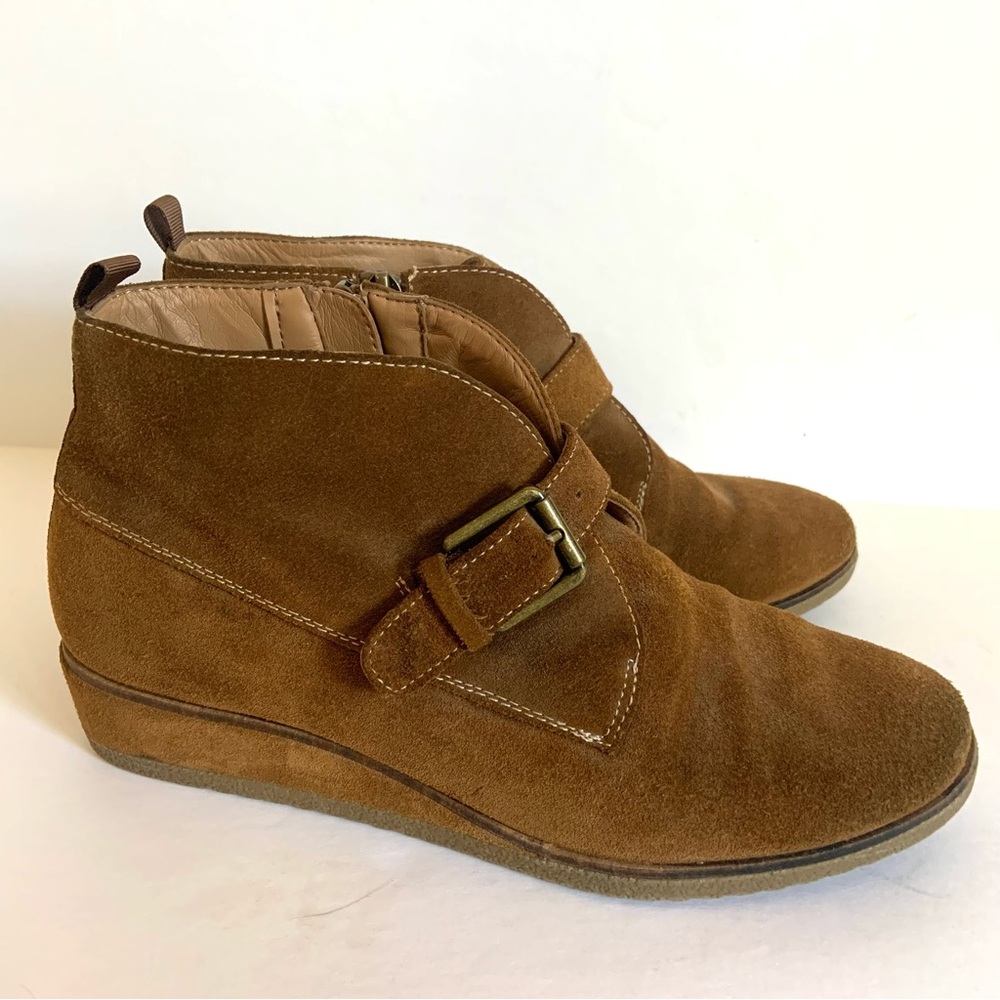 Franco Sarto Brown Suede Wedge Booties Womens 7 Buckle Strap Brooke Leather - Picture 4 of 8